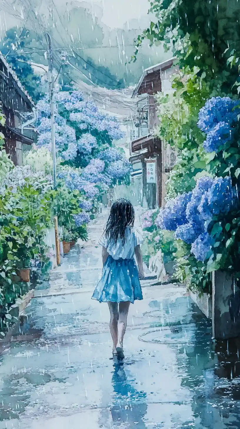 Giovane ragazza in una strada di ortensie dopo la pioggia
