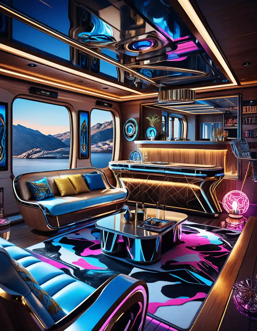 Futuristic luxury houseboat interior glowing against dark mountains