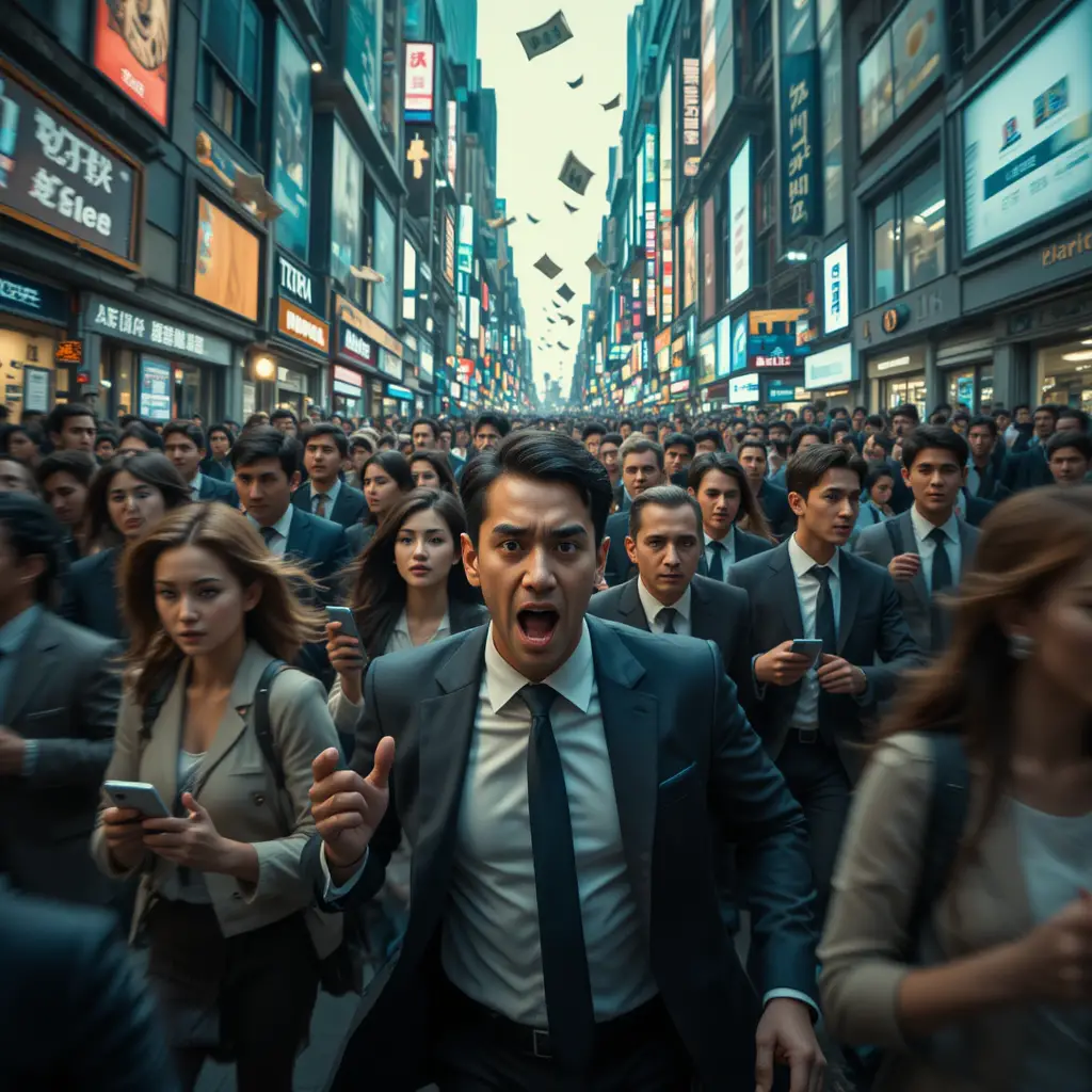 Crowded city street of stressed people chasing money symbols