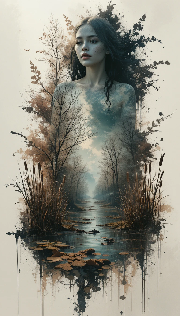 Mystical fairy woman painting a spring landscape stroke