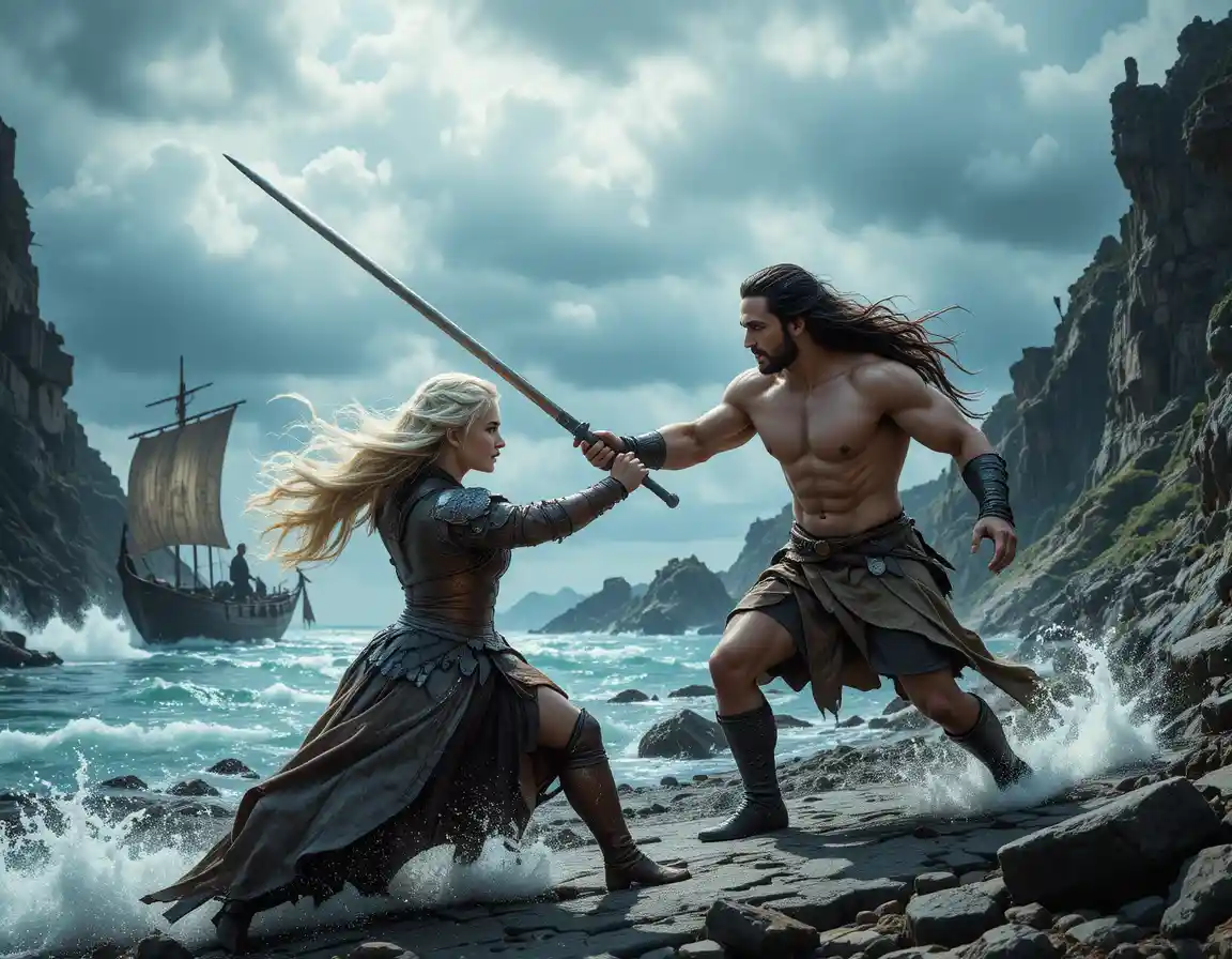 Warrior woman and warlord battling on a stormy shore