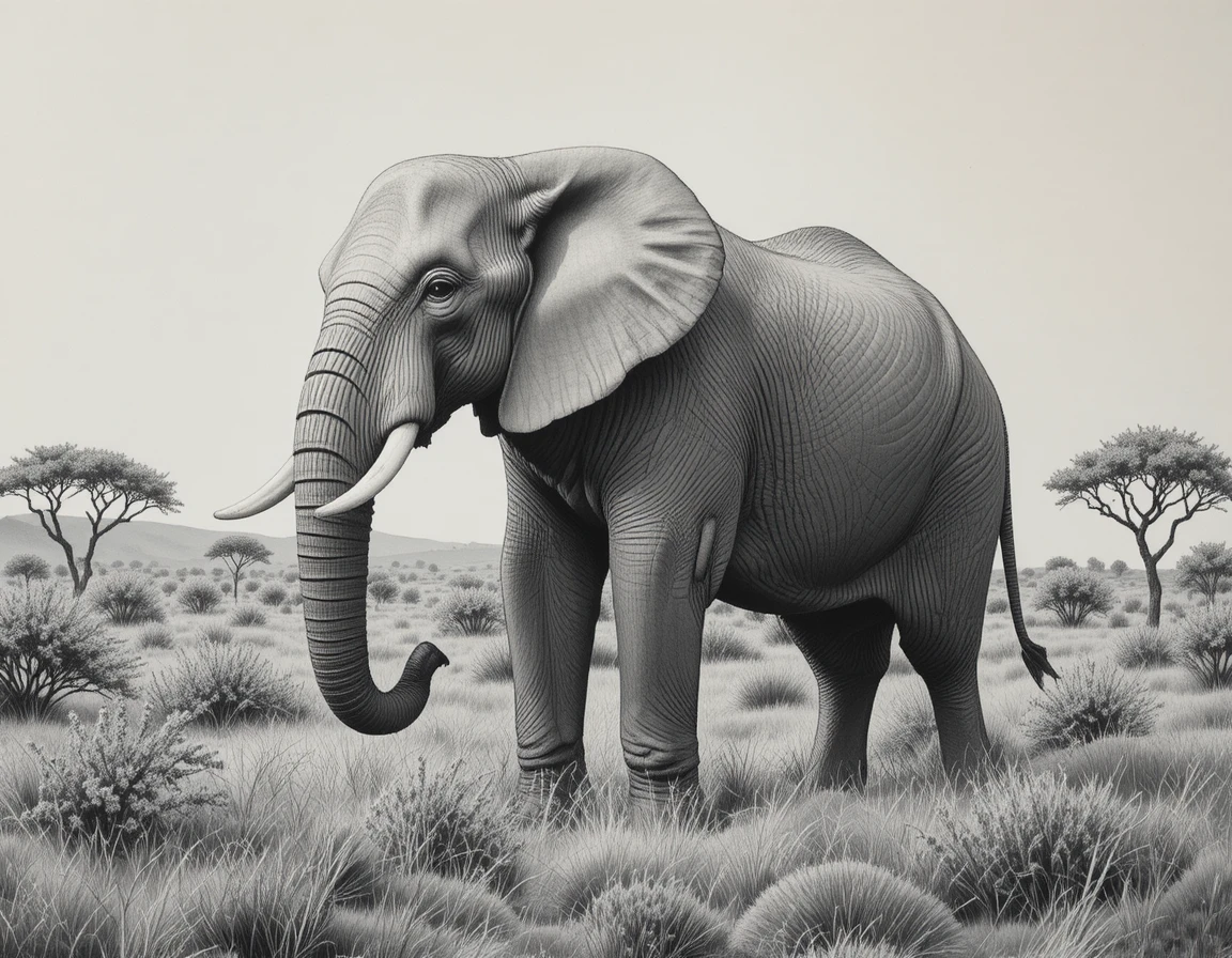 Majestic African elephant in a serene savanna pencil drawing
