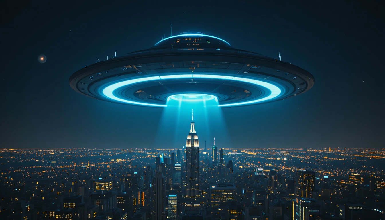 Glowing ufo hovering above a sprawling night cityscape