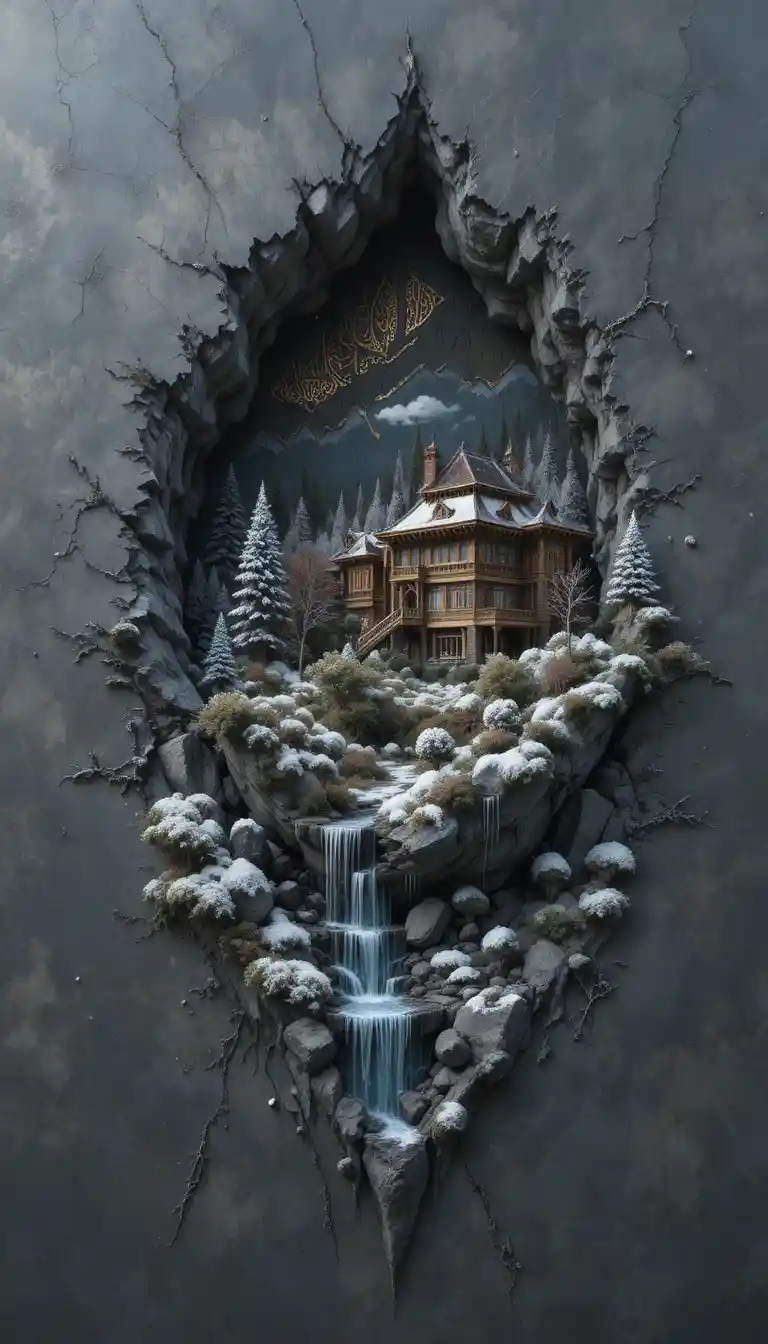 Surrealer 3D-Palast, der aus einer dunklen Granitwand hervorragt