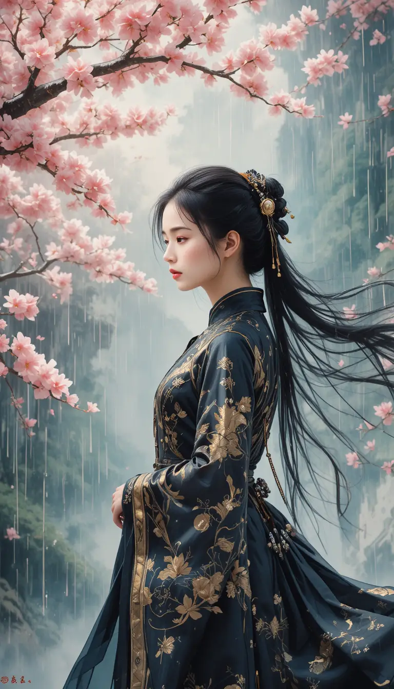 春の花に囲まれた黒と金のドレスのエレガントな女性