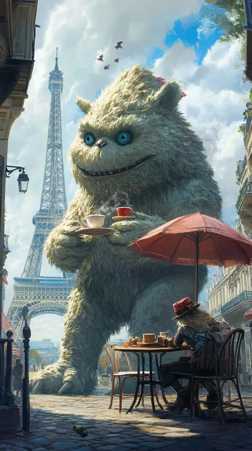Gentle Furry Monster Sipping Tea At A Paris Cafe