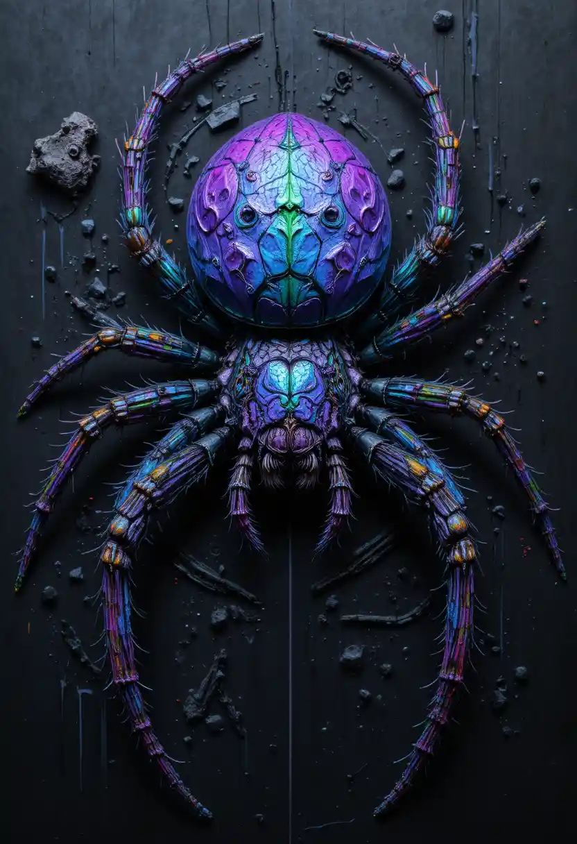 Violet neon spider portrait on a dark abstract wall
