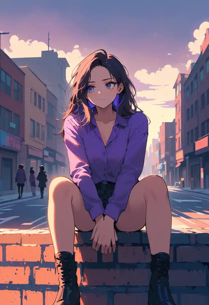 Young woman in purple sitting on a brick wall