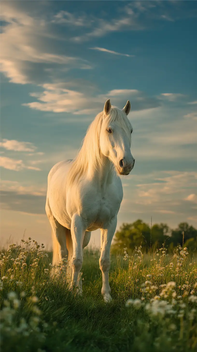 White horse standing in a sunlit meadow at dusk