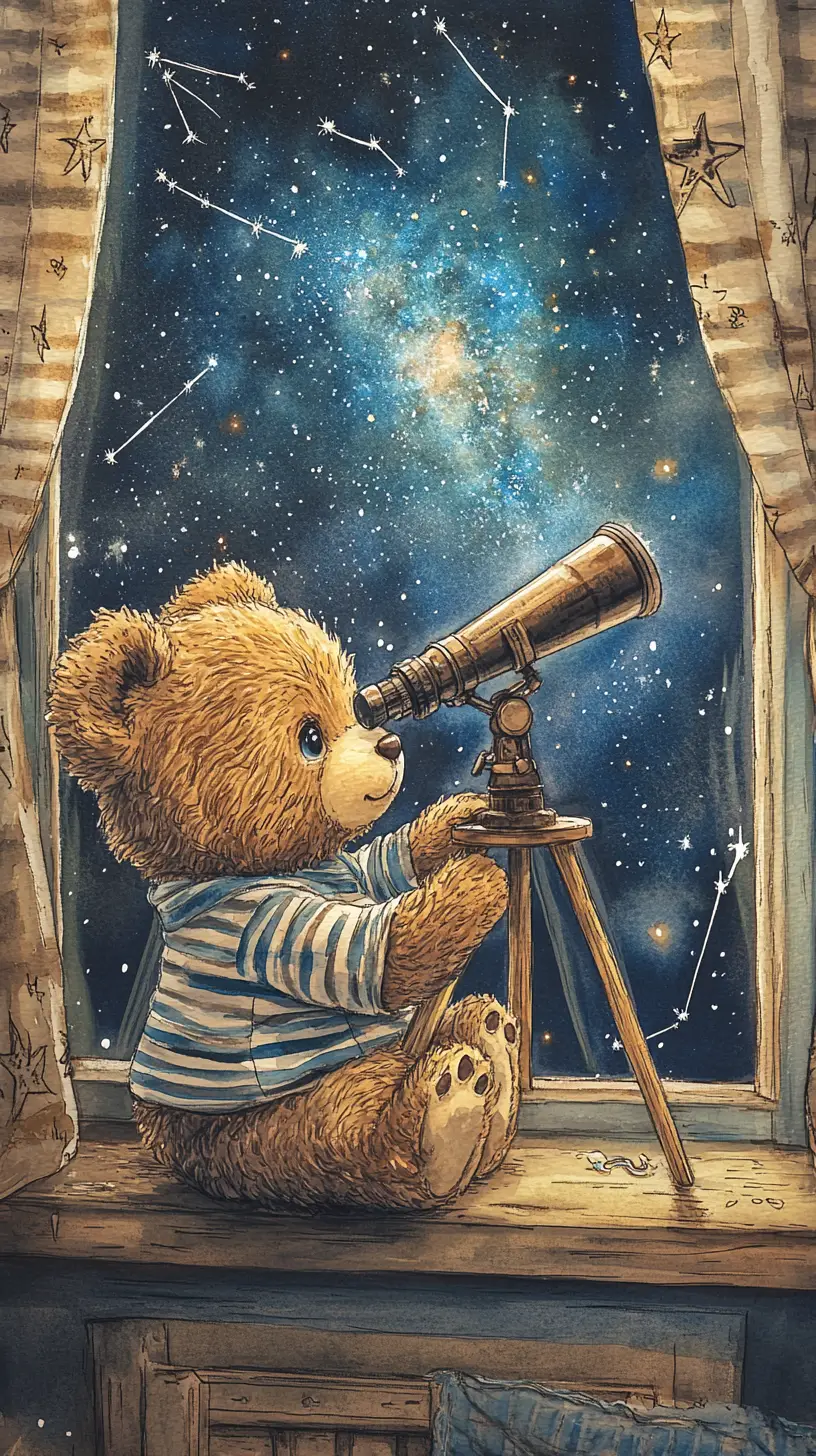 Cute teddy bear at window watching the starry night sky