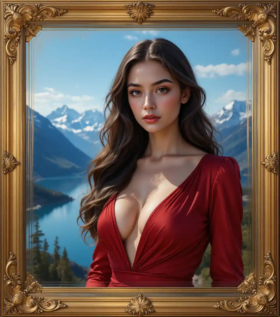 Young woman in red silk by a serene mountain lake