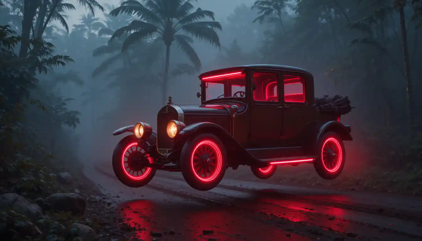 Auto rossa al neon che fluttua in una giungla nebbiosa al crepuscolo