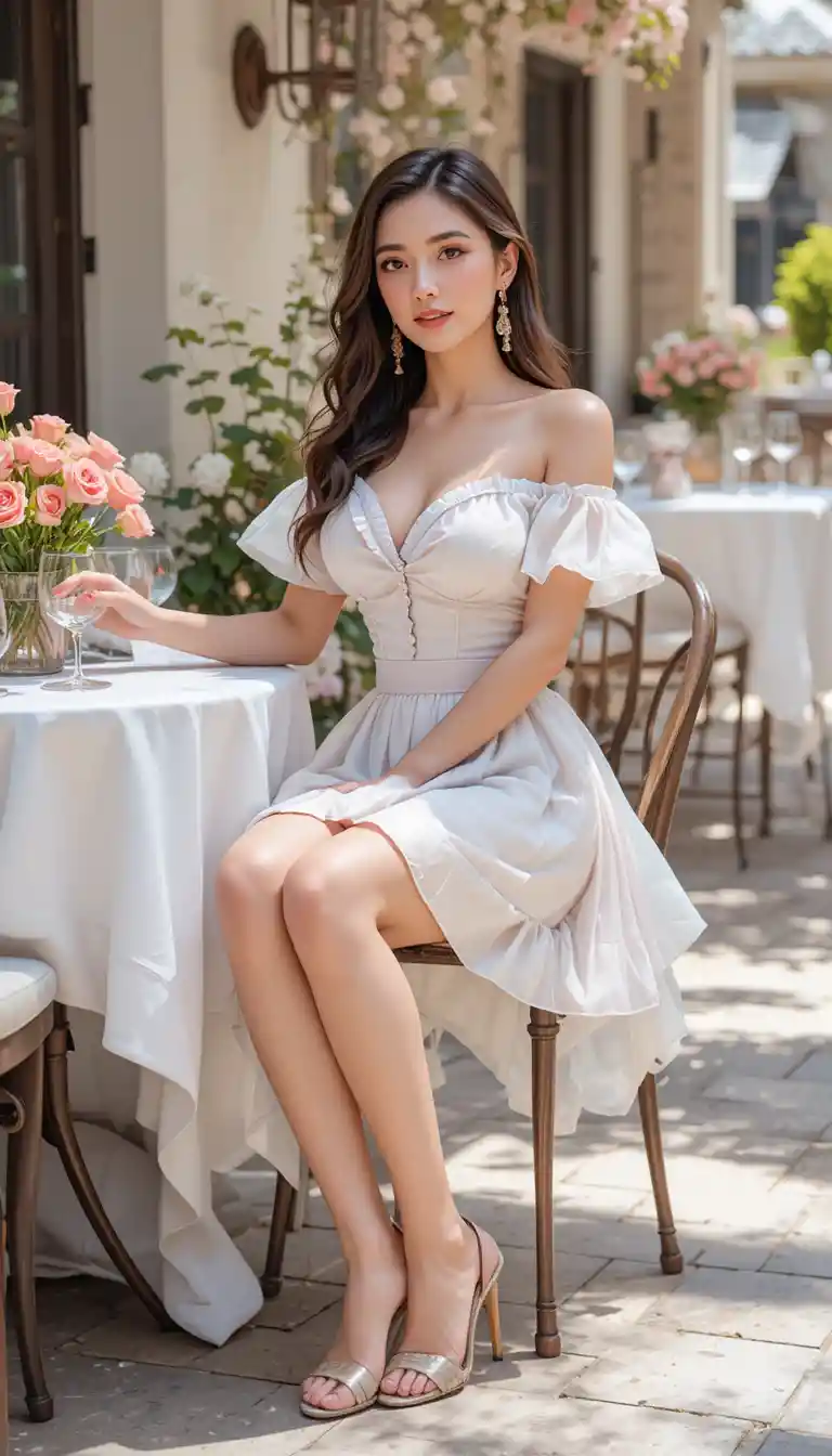 Elegant woman seated at patio restaurant in sunlight
