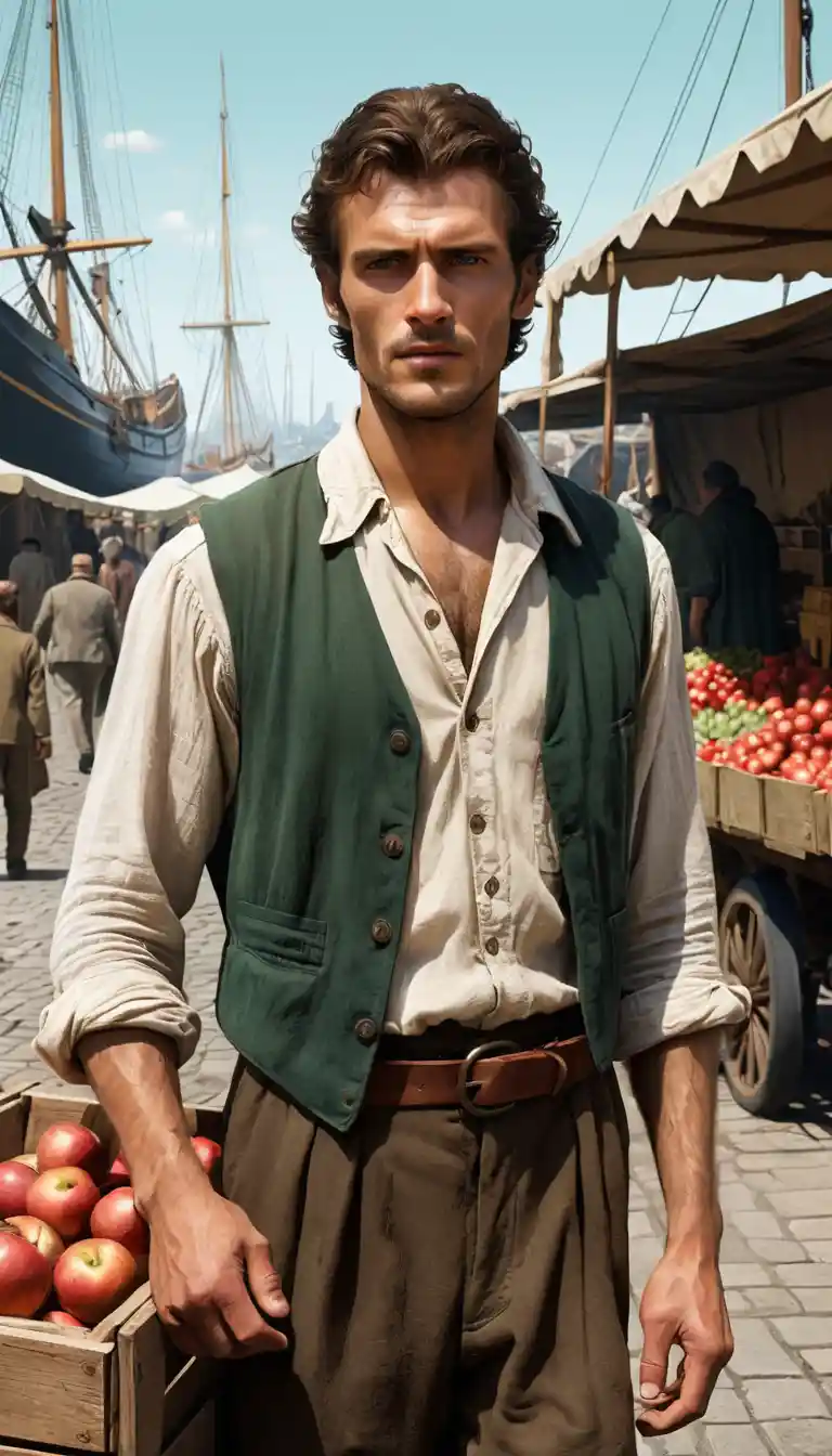 Young market porter carrying apples in a sunlit port street