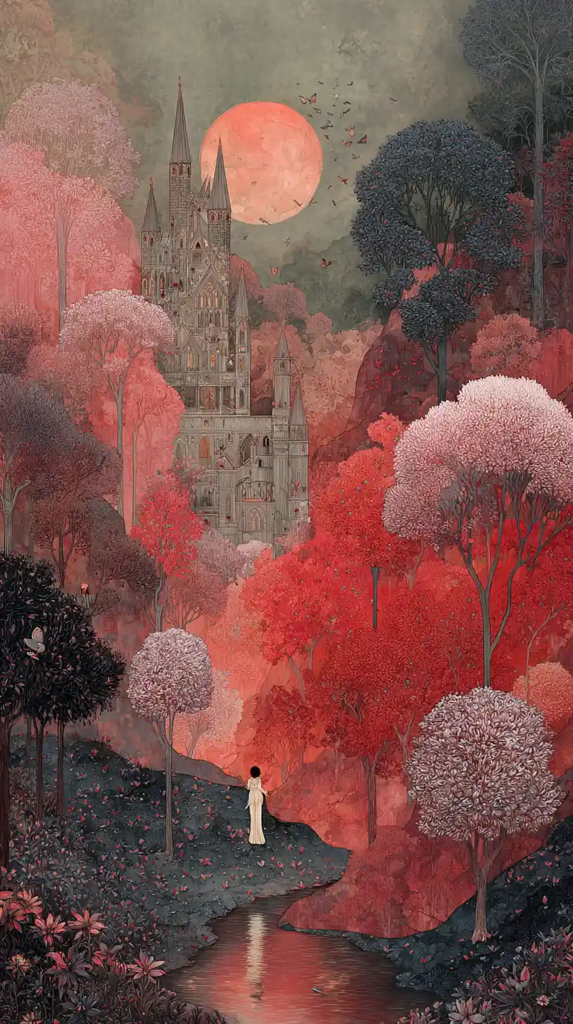 Joyful surreal landscape in warm pink and indigo tones