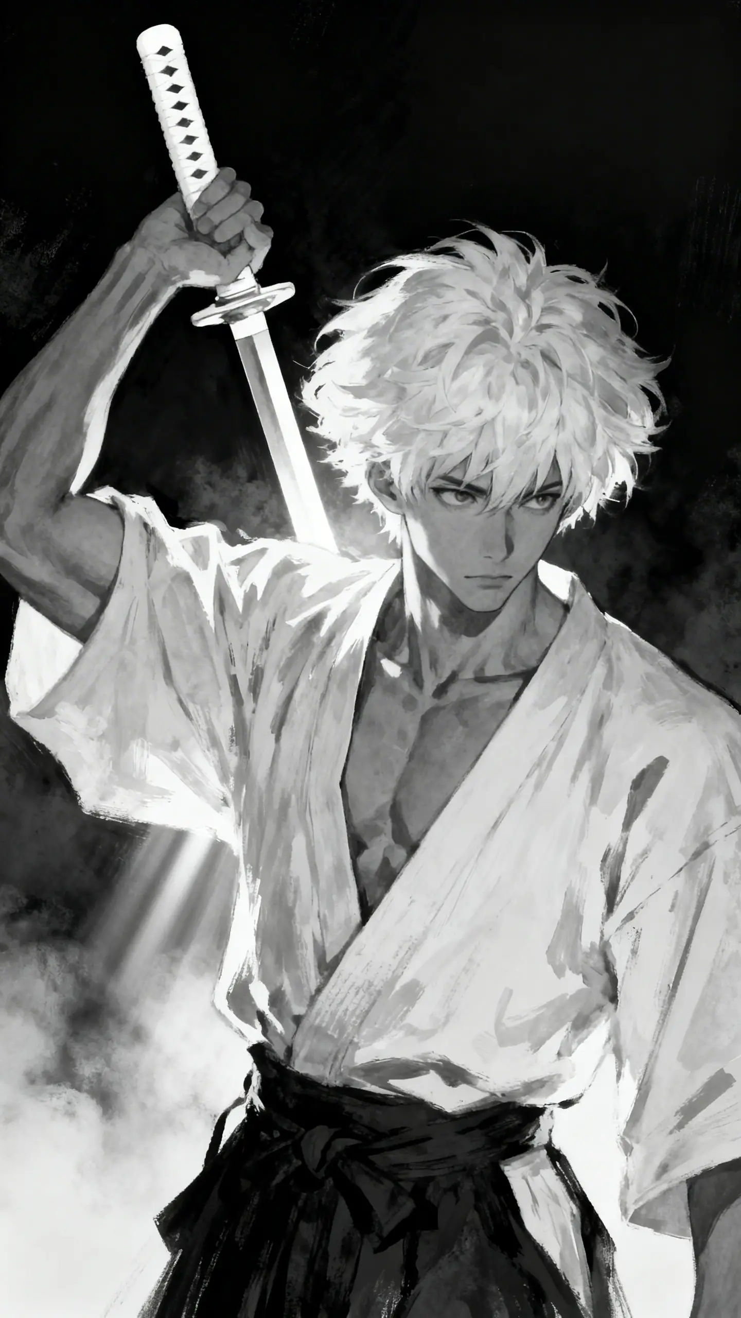 Monochrome anime warrior with sword in soft chiaroscuro