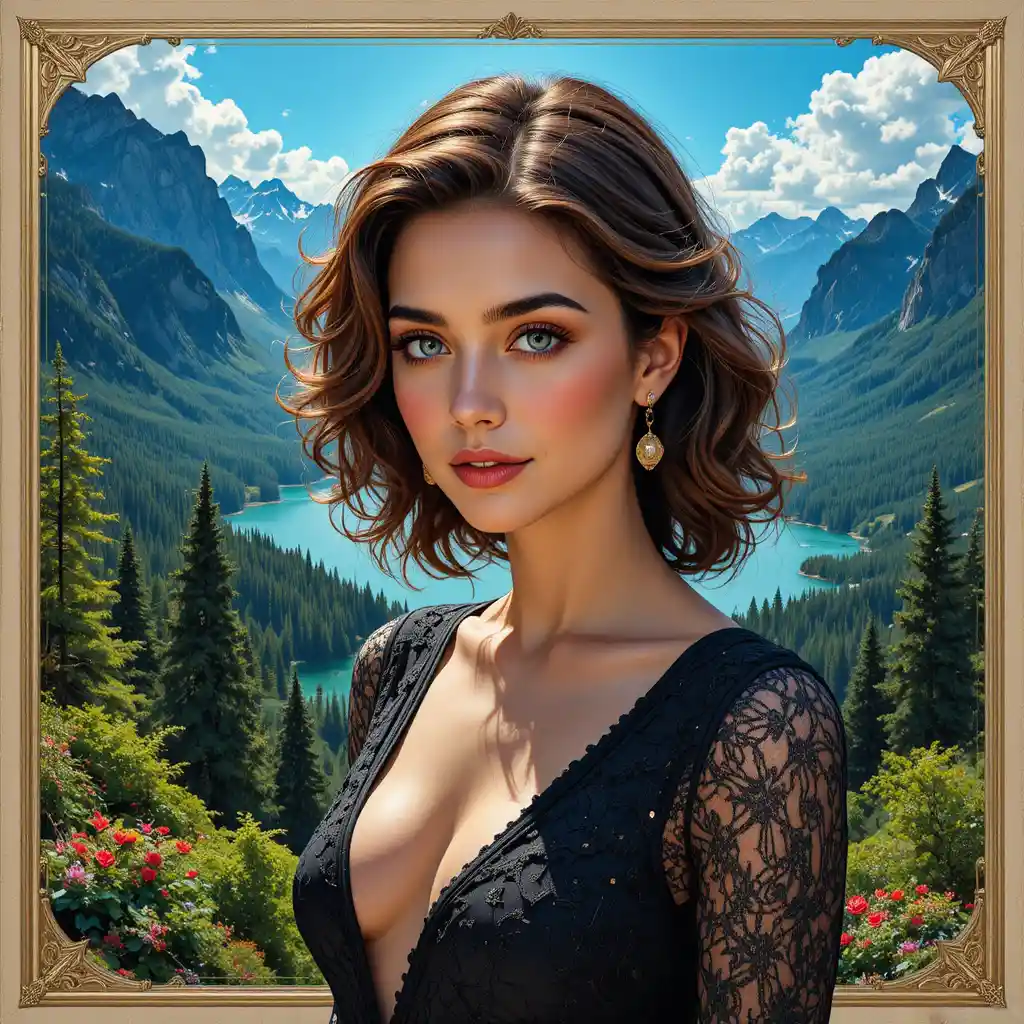 Romantic portrait of a brunette woman before mountain lake