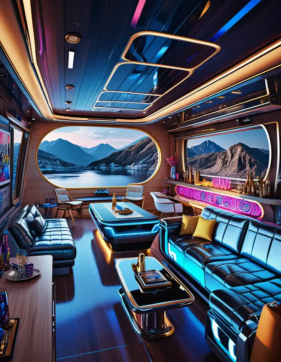 Futuristic luxury houseboat interior glowing against dark mountains