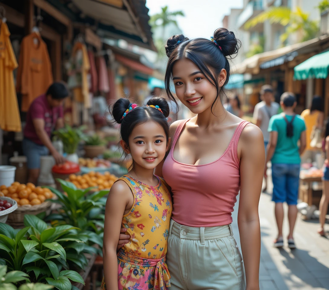 Mãe e filha asiáticas sorrindo em um movimentado mercado de rua
