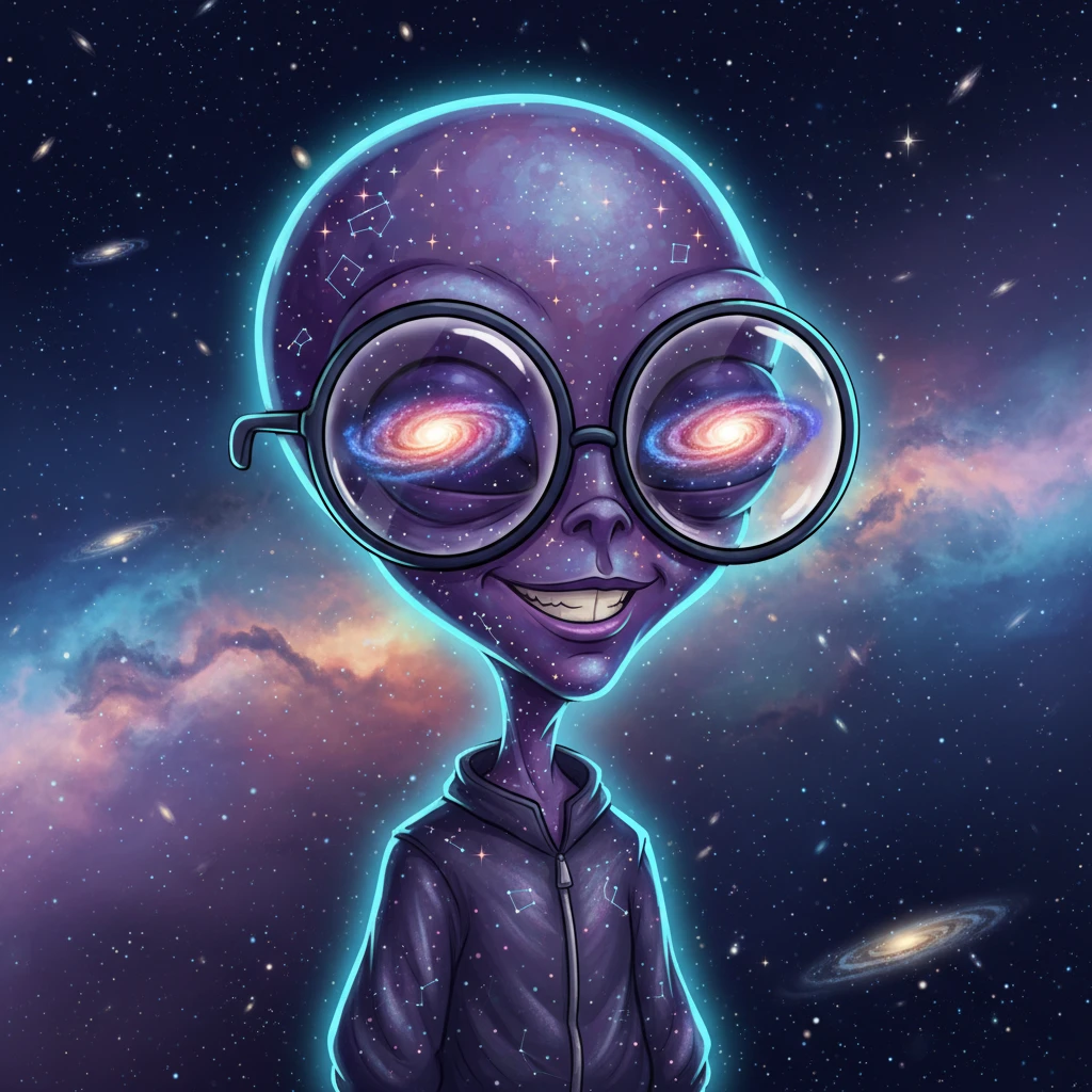 Verspielter Alien mit Galaxienbrille im bunten Tiefenraum