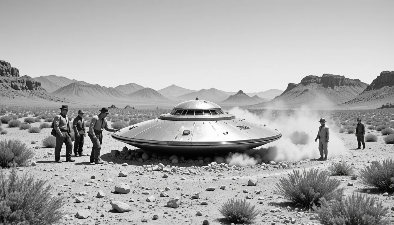 Uomini ispezionano un disco volante precipitato in un deserto arido