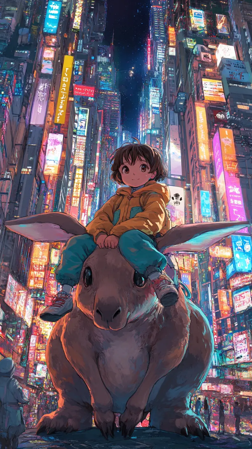 Enfant chevauchant un kangourou dans une scène nocturne de ville futuriste au néon
