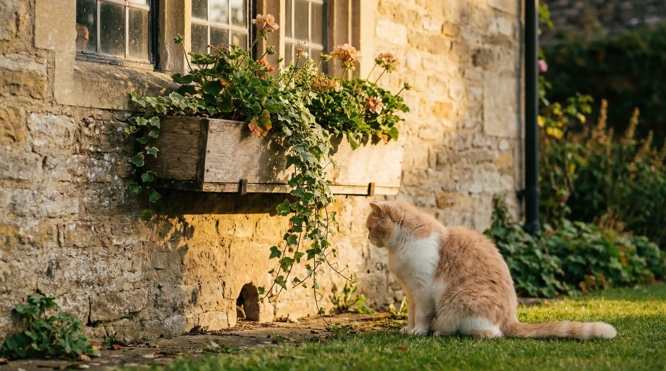 Persian cat watching a mouse hole by cottage wall