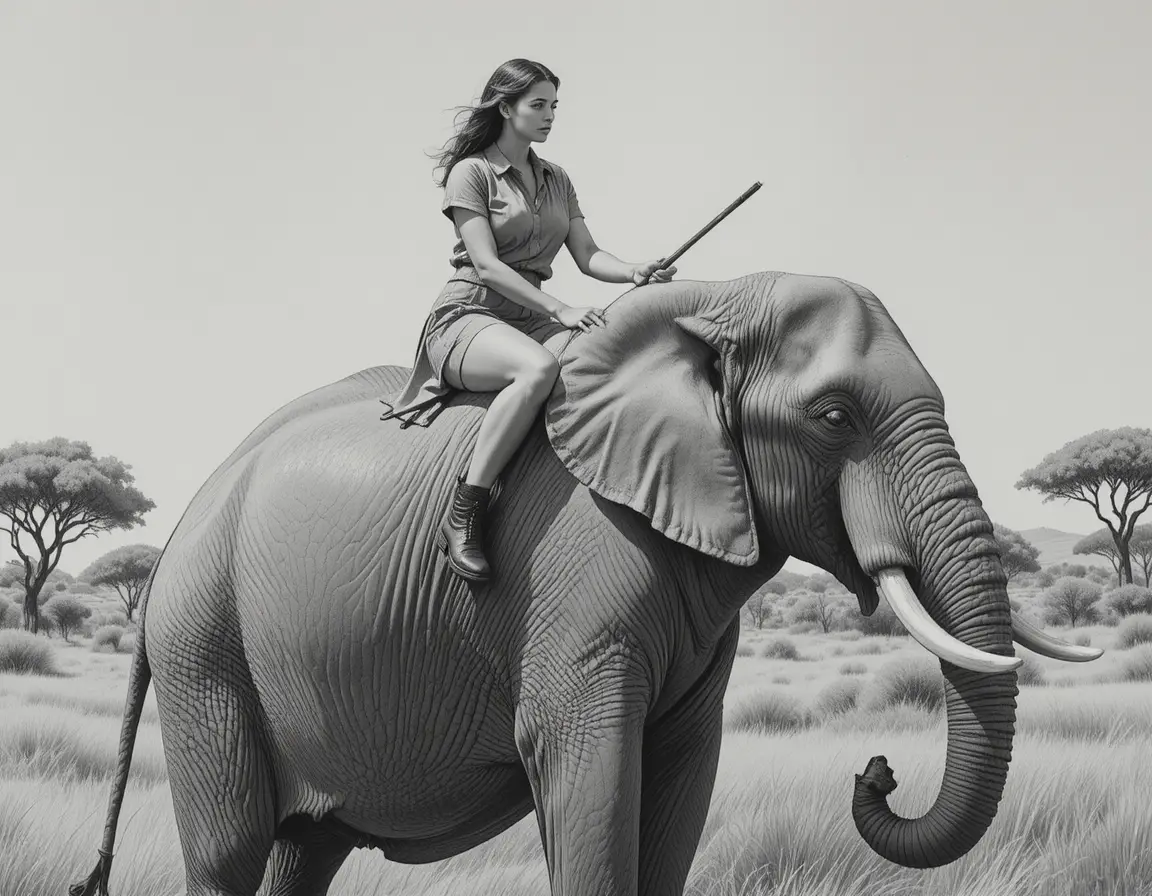 Guerrera sobre elefante africano en la sabana dibujo a lápiz