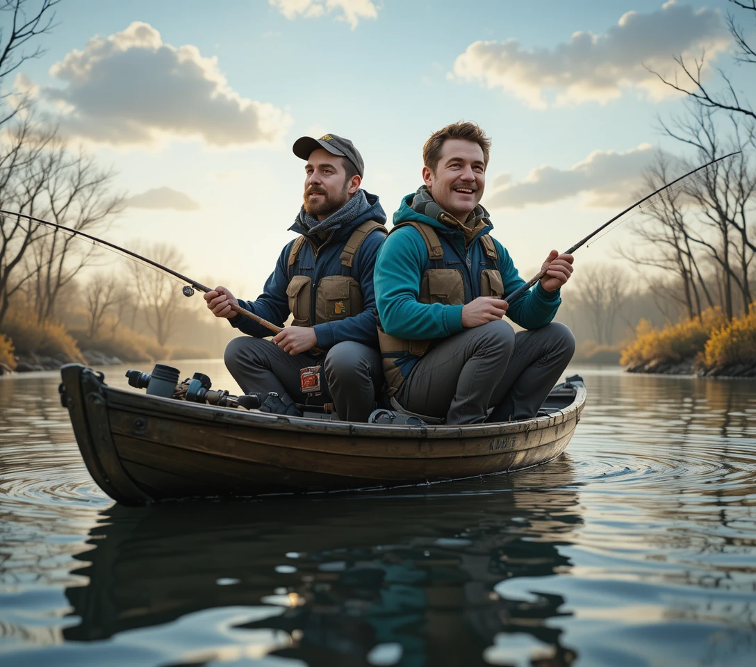 Due pescatori in una barca di legno su un tranquillo lago del mattino