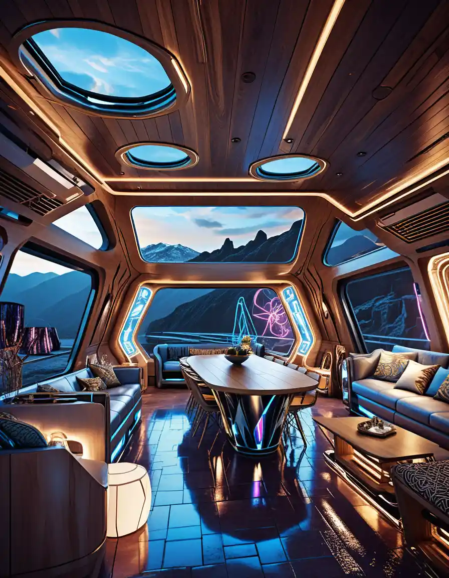 Futuristic luxury houseboat interior glowing against dark mountains