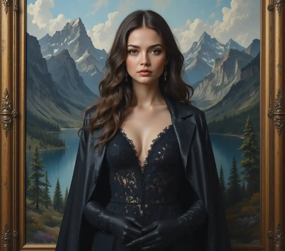 Elegant woman in black lace gown holding ornate golden frame