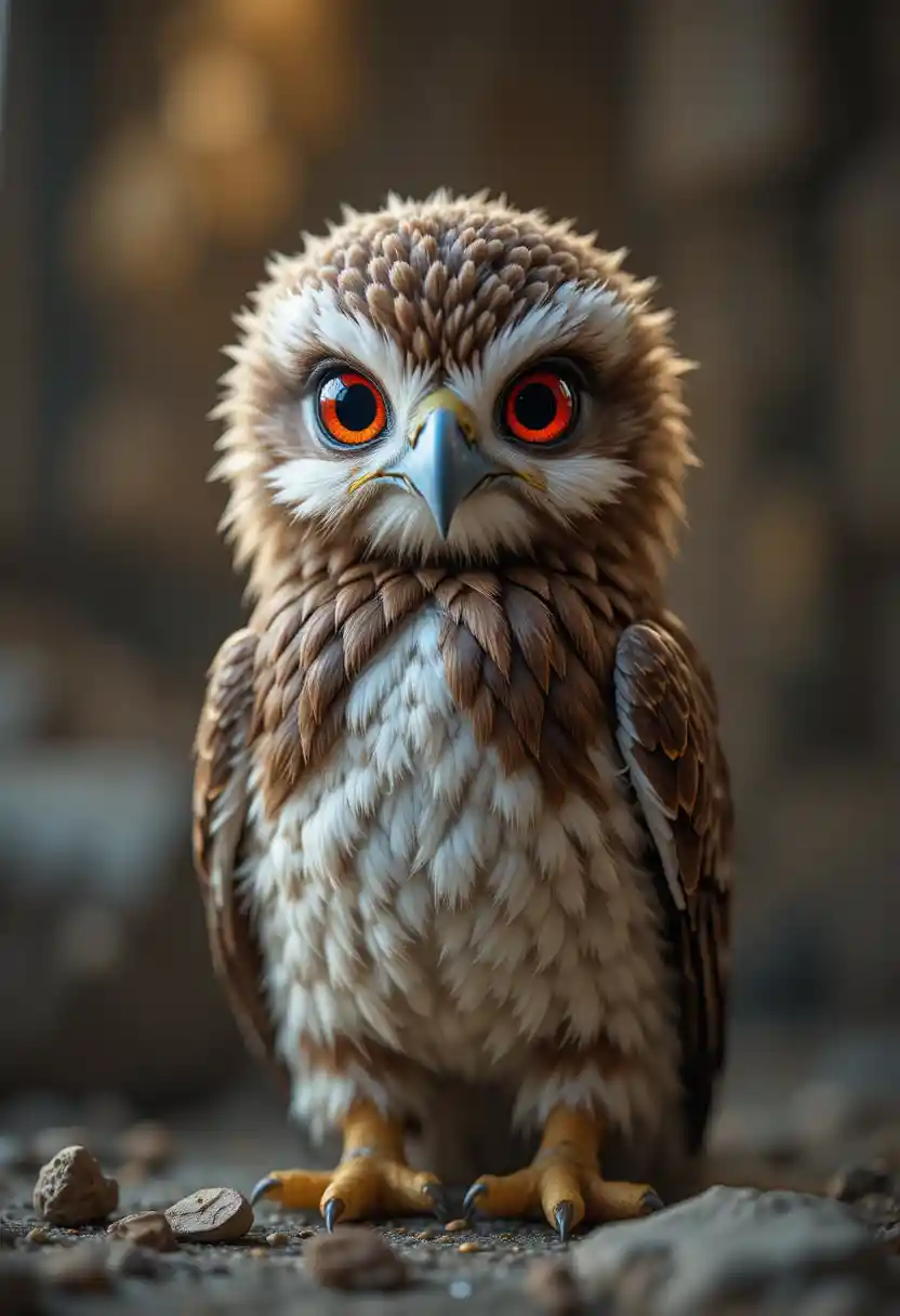 Curious eagle with vivid red eyes in soft studio light
