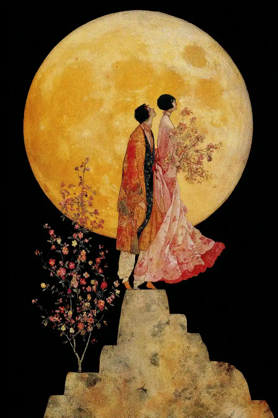 Romantic couple under a golden full moon in surreal sky