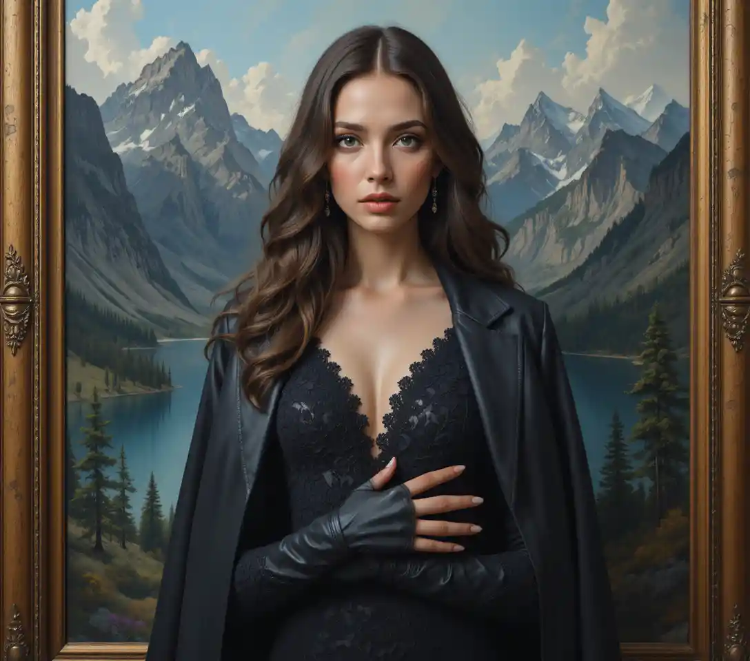 Elegant woman in black lace dress holding ornate frame
