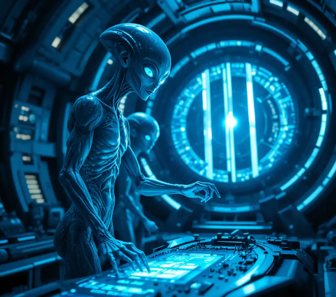 Tall blue alien reaching toward glowing sci fi console
