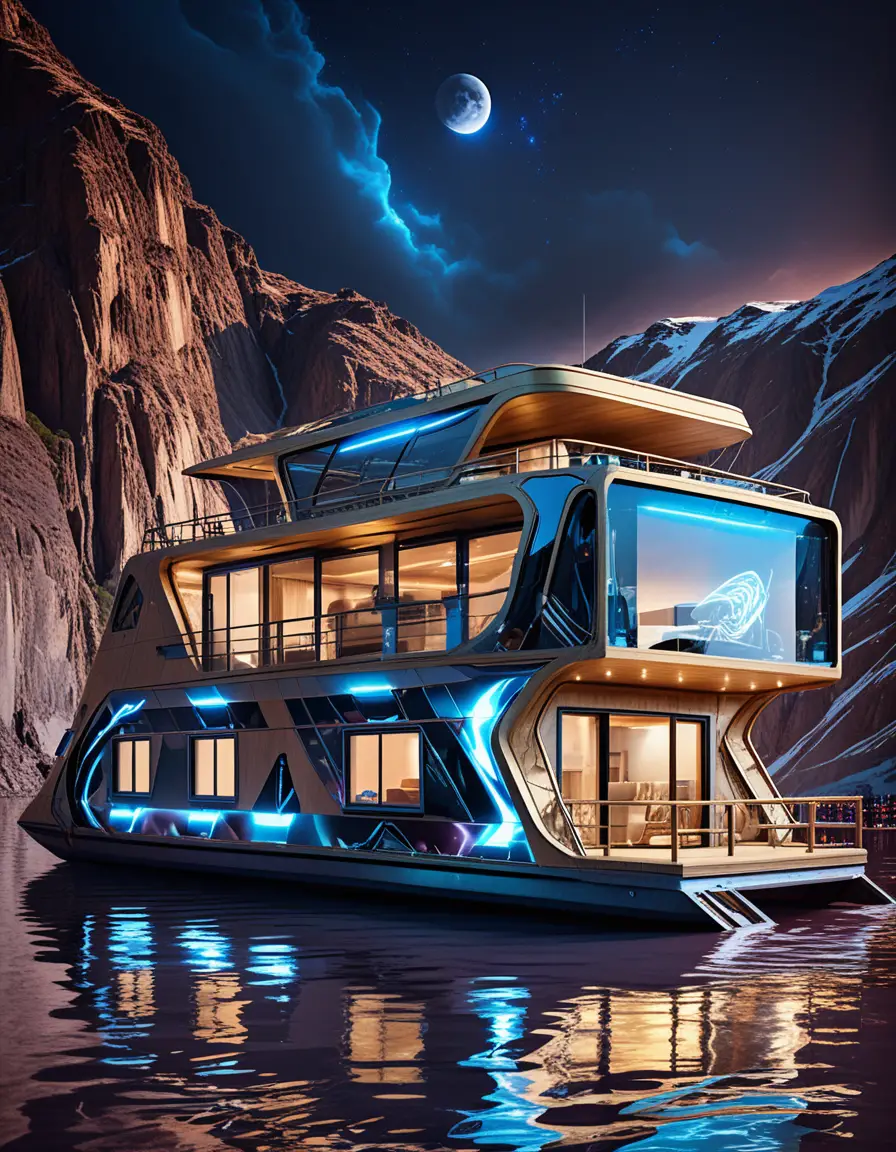 Futuristic luxury houseboat glowing against a dark mountainside