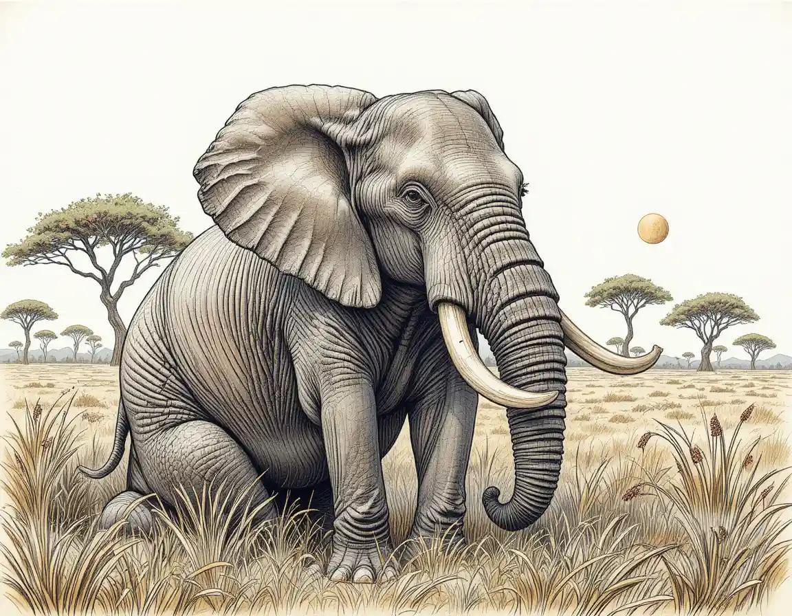 Afrikanischer Elefant in einer detaillierten Savannenszene mit Farbstiften