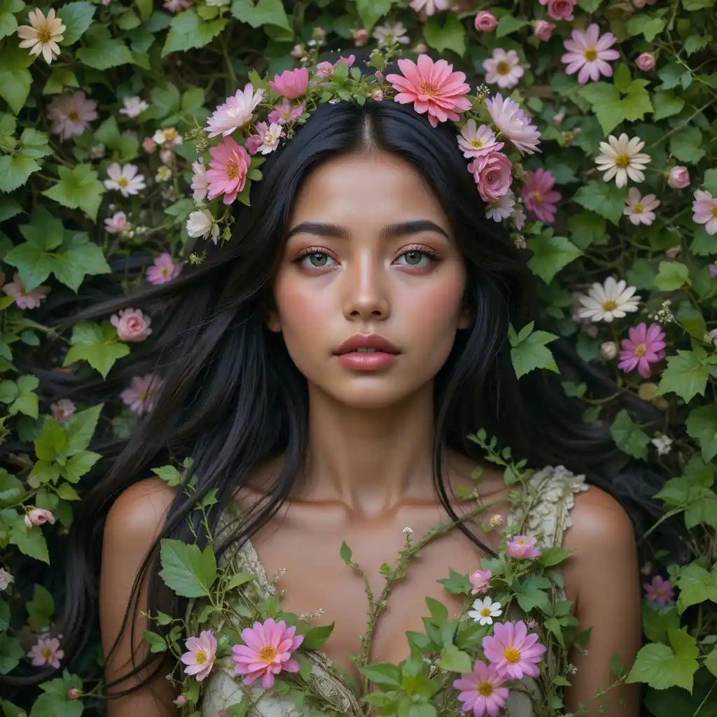 Serene woman lying in grass wrapped in flowers and vines