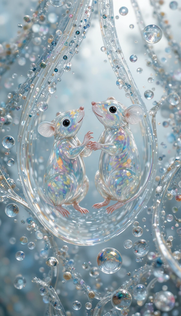 Macro stained glass mice in translucent glass droplets