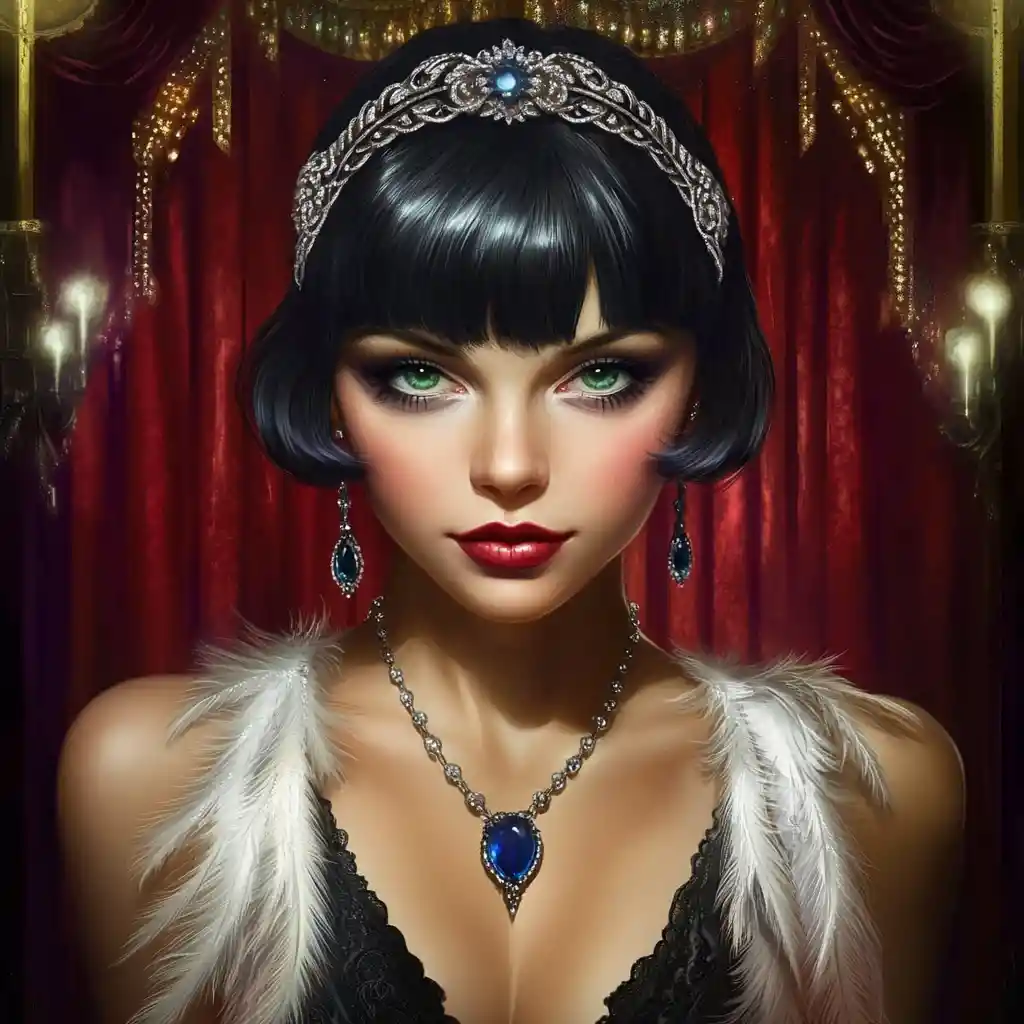 Donna flapper art déco su un palcoscenico teatrale illuminato dai riflettori