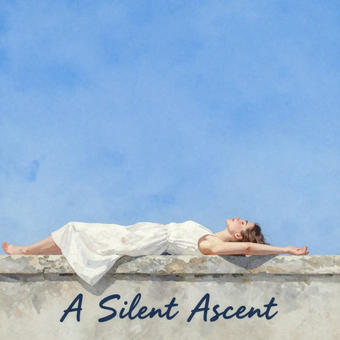 Watercolor of a woman in white lying on a stone ledge under a blue sky with "A Silent Ascent" text