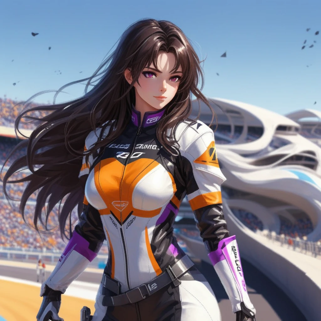 Anime racer girl in sleek suit at sunny stadium