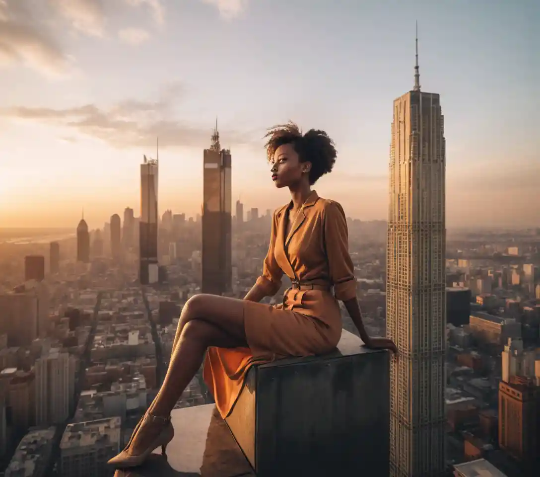 Woman on skyscraper above city skyline at sunset