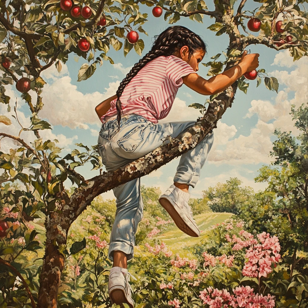 Mädchen klettert auf einen Apfelbaum in einem ruhigen Obstgarten
