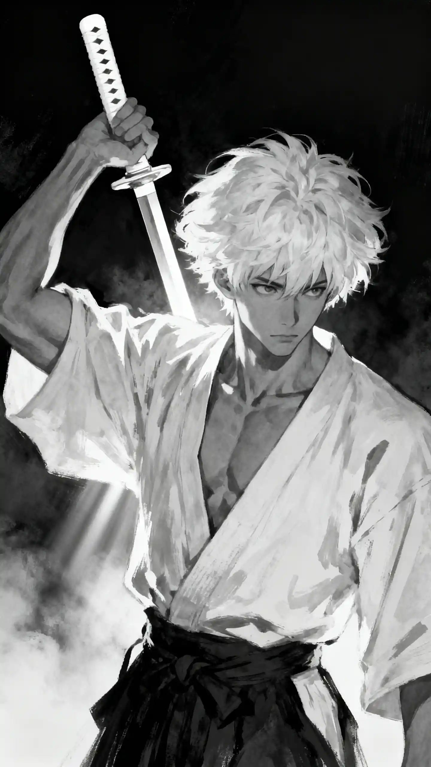 Monochrome anime warrior with sword in soft chiaroscuro