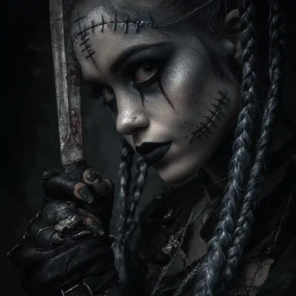 Undead goth rogue woman with dagger and stitched grey skin