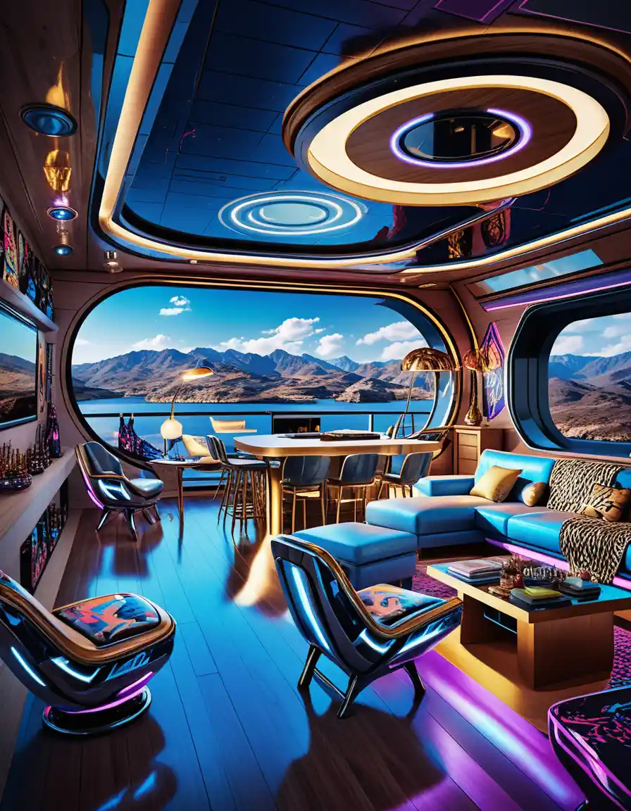 Interior futurista de iate-casa de luxo brilhando contra montanhas escuras