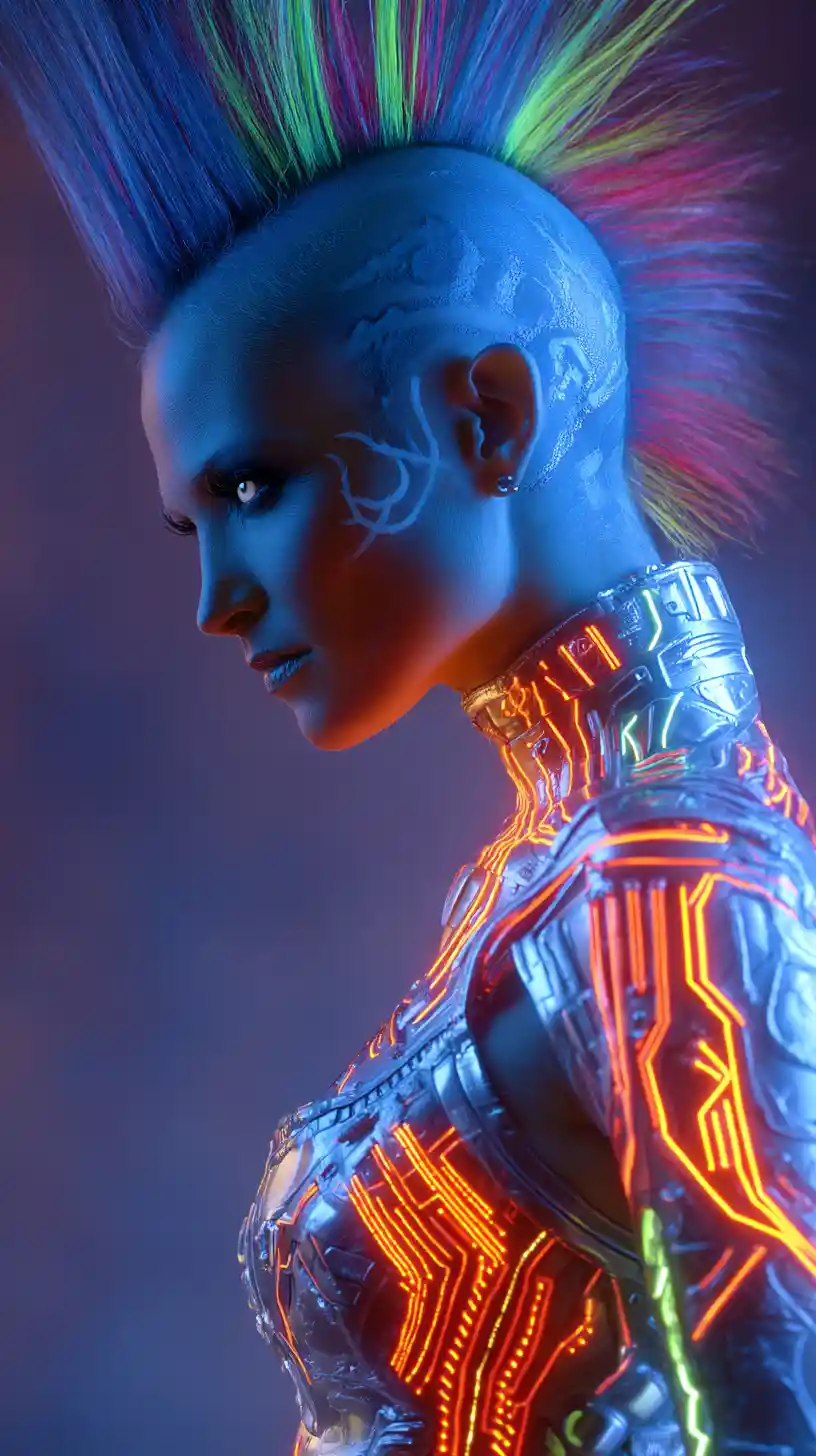 Futuristic neon woman holding a glowing translucent interface