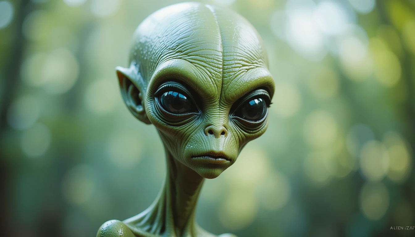 Retrato de Alienígena Verde Melancólico em Suave Luz da Floresta