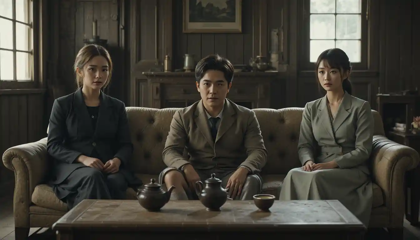 Tense meeting between man and two women in rustic living room
